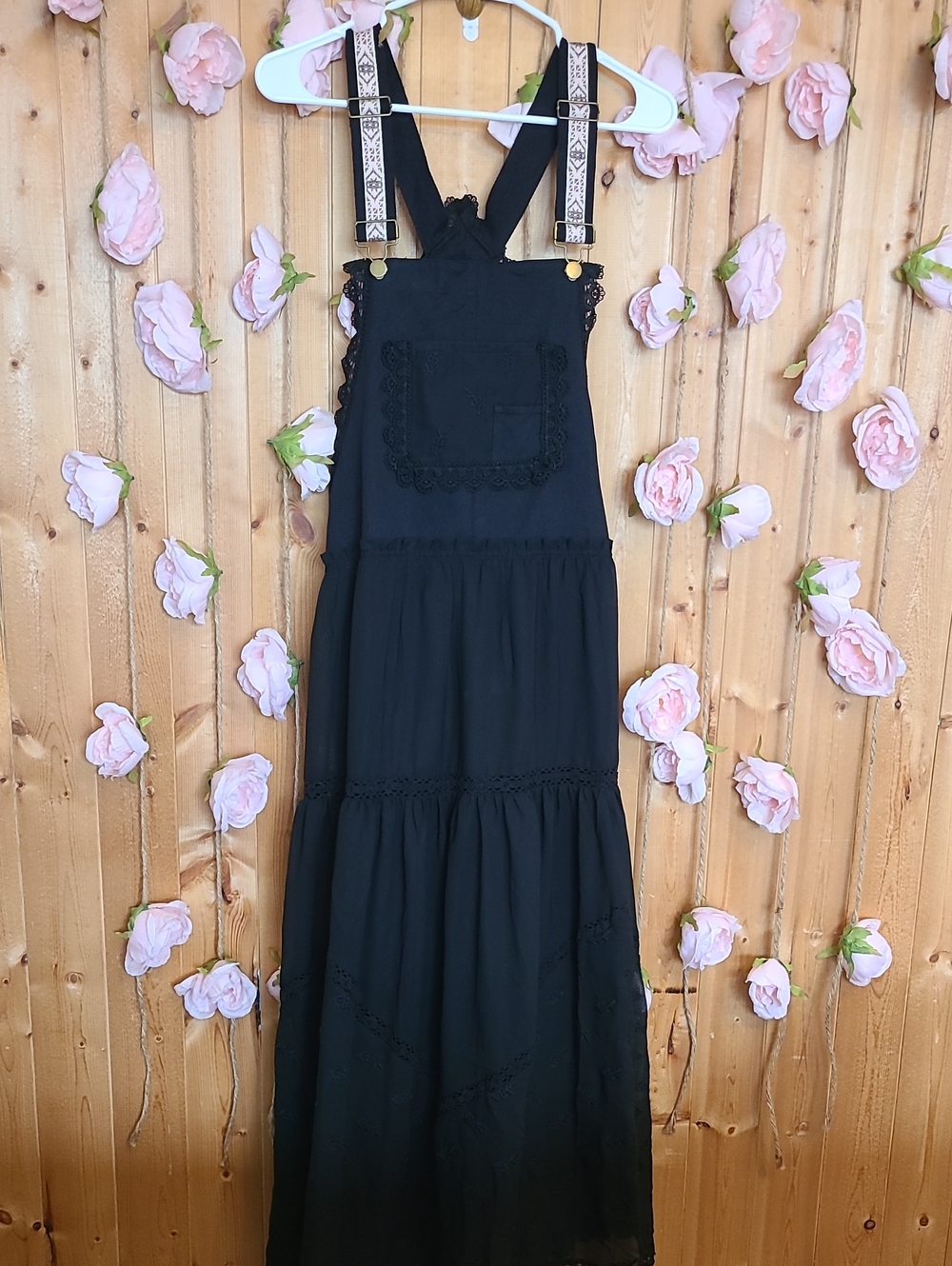 Black Pinafore Maxi Dress with Embroidered Straps